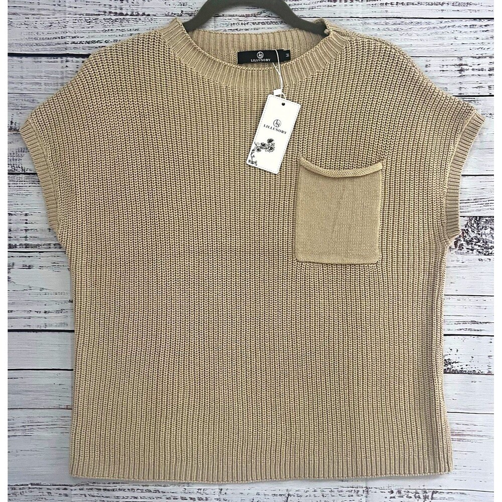 NWT Lillusory 100% Cotton Short Sleeve Sweater Top Medium Beige Tan Pocket Vest